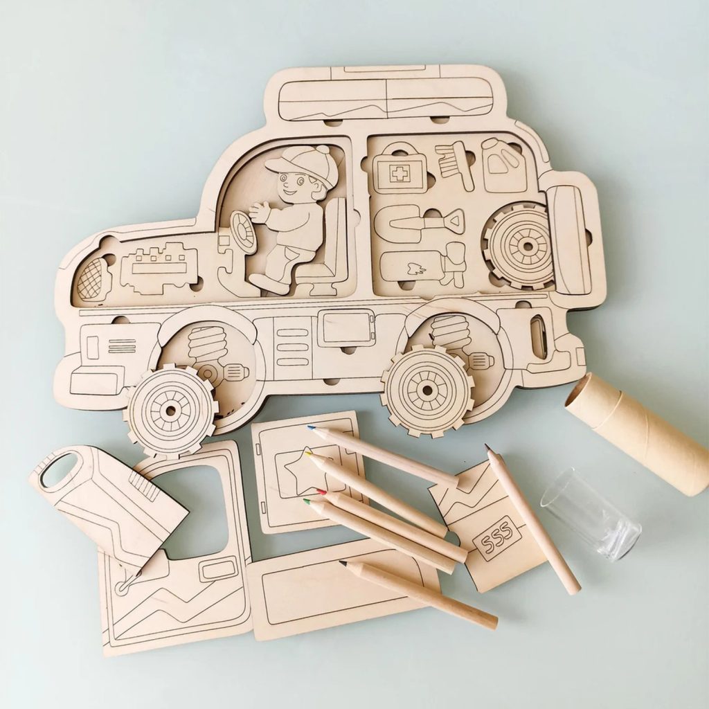 Kit coloriage en bois fabriqué avec une découpeuse laser CO₂