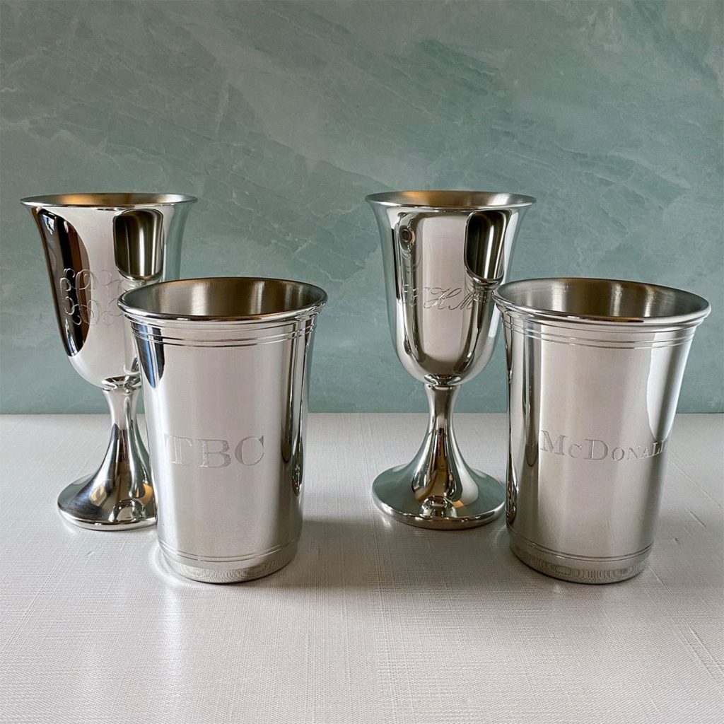 Coupes et verres en argent avec gravure au laser fibré