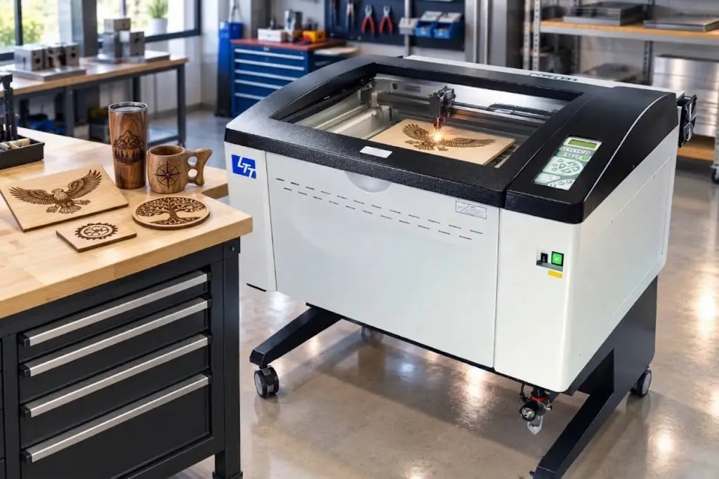 Graveur Laser CO₂ sur cylindre et accessoires, machine d’usinage de marquage dans un atelier Thermoflan. Graveur Laser CO₂ sur cylindre et accessoires, machine d’usinage de marquage dans un atelier Thermoflan.