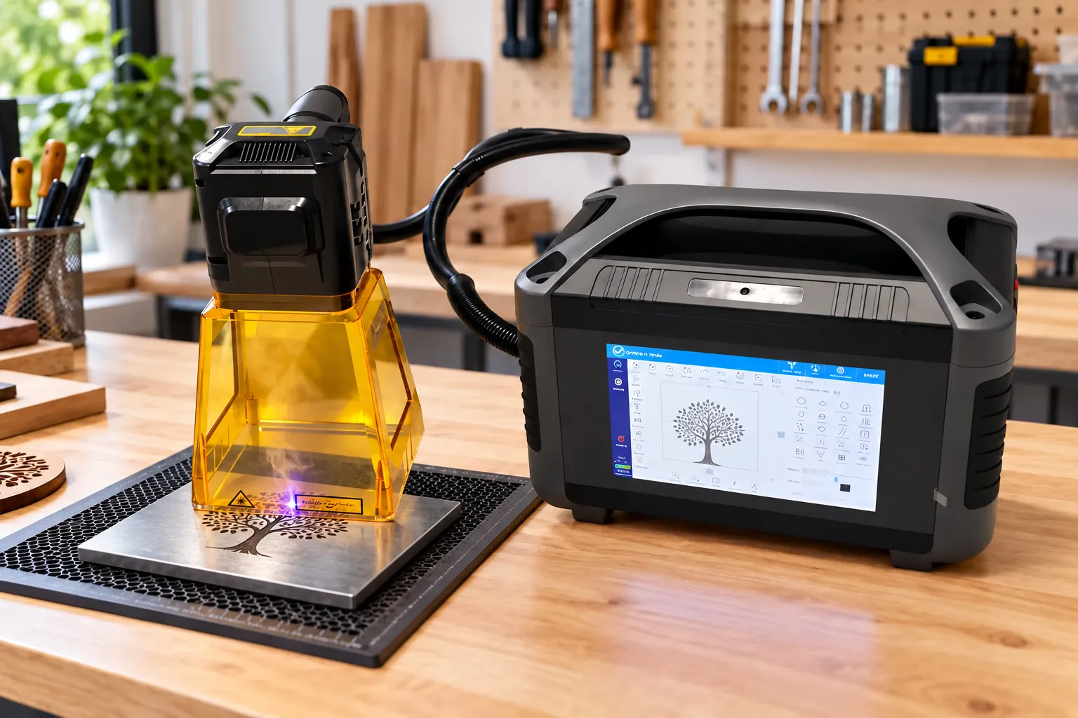 Graveur laser sur métal gravant un motif tree sur une plaque industrielle, relié à une unité de contrôle portable dans un atelier. Graveur laser sur métal gravant un motif tree sur une plaque industrielle, relié à une unité de contrôle portable dans un atelier.
