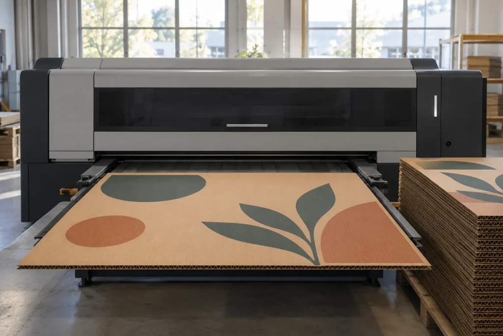 Imprimante grand format à jet d’encre UV imprimant une plaque de carton ondulé avec un motif végétal.