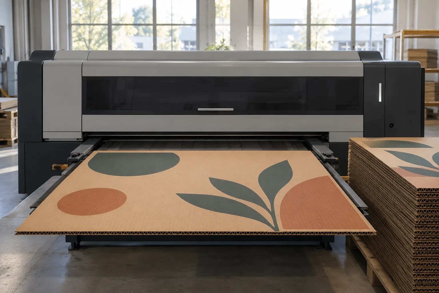 Imprimante grand format à jet d’encre UV imprimant une plaque de carton ondulé avec un motif végétal.