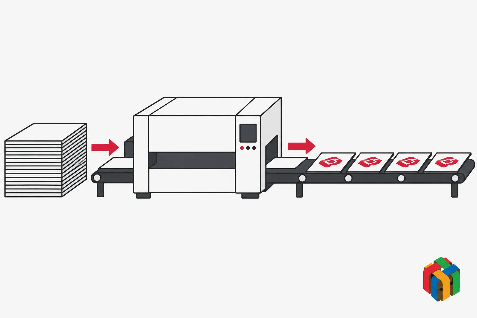 Une imprimante numérique avec un lot de carton à l’entrée et une ligne d’expédition de cartons imprimés à la sortie.