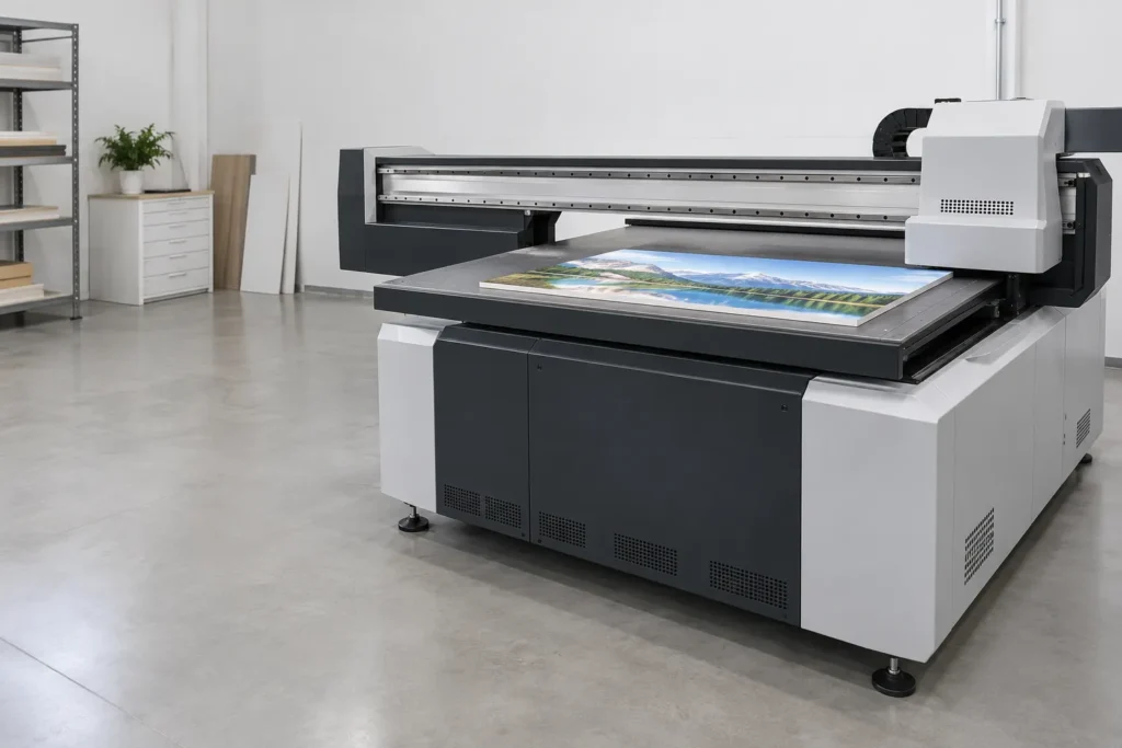 Une imprimante UV LED grand format en intérieur, avec une impression en cours sur une feuille placée sur la table