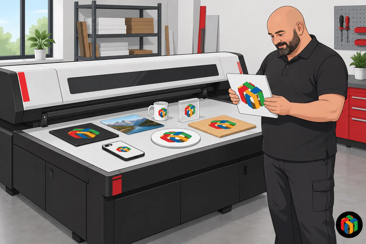 Imprimeur UV LED grand format avec un homme tenant une planche imprimée colorée à côté d’un plateau de production.