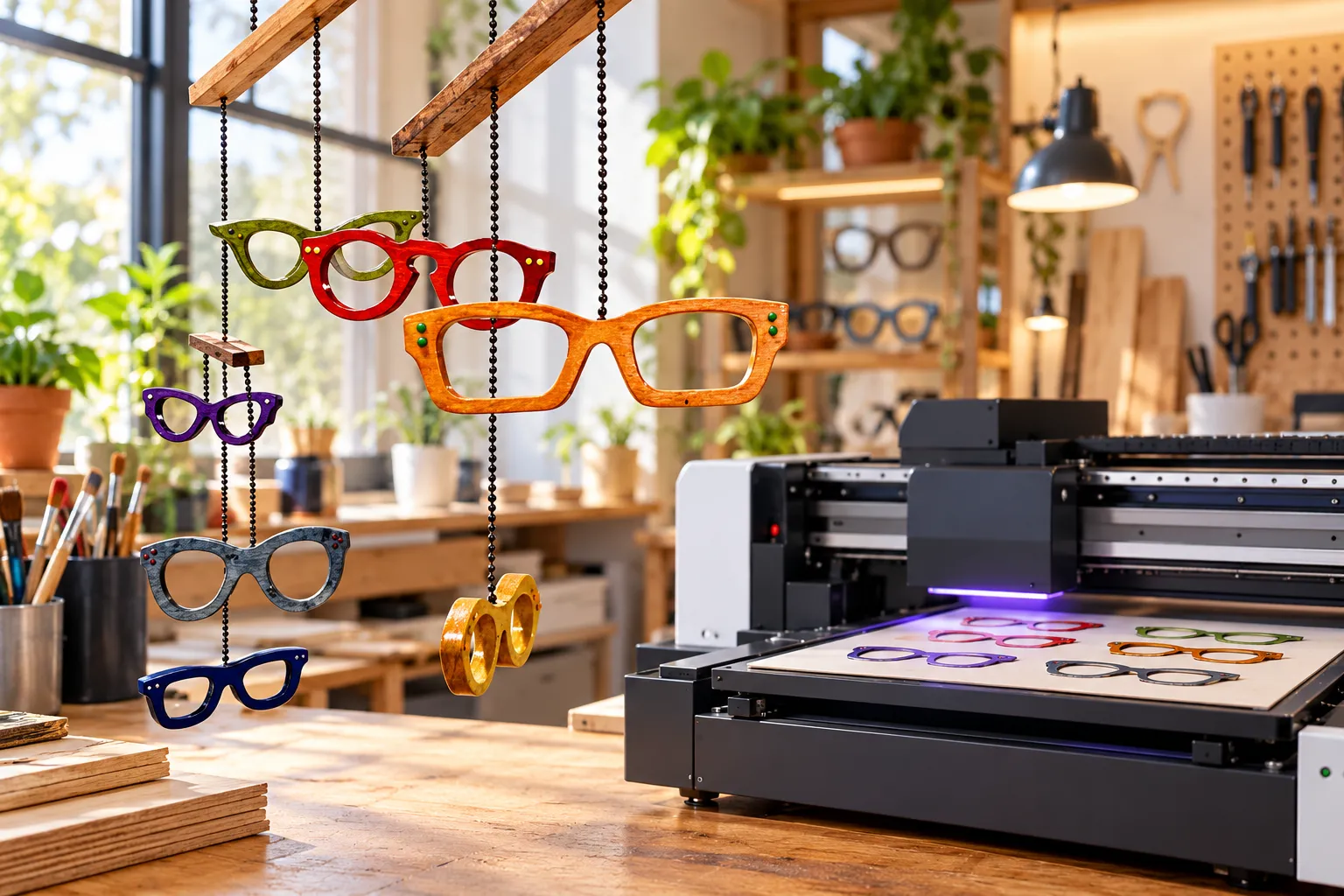 Des lunettes colorées suspendues devant une imprimante UV à plat sur un établi.