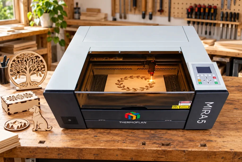 Machine de découpe laser sur bois en fonctionnement avec un motif floral gravé dans la cuve.