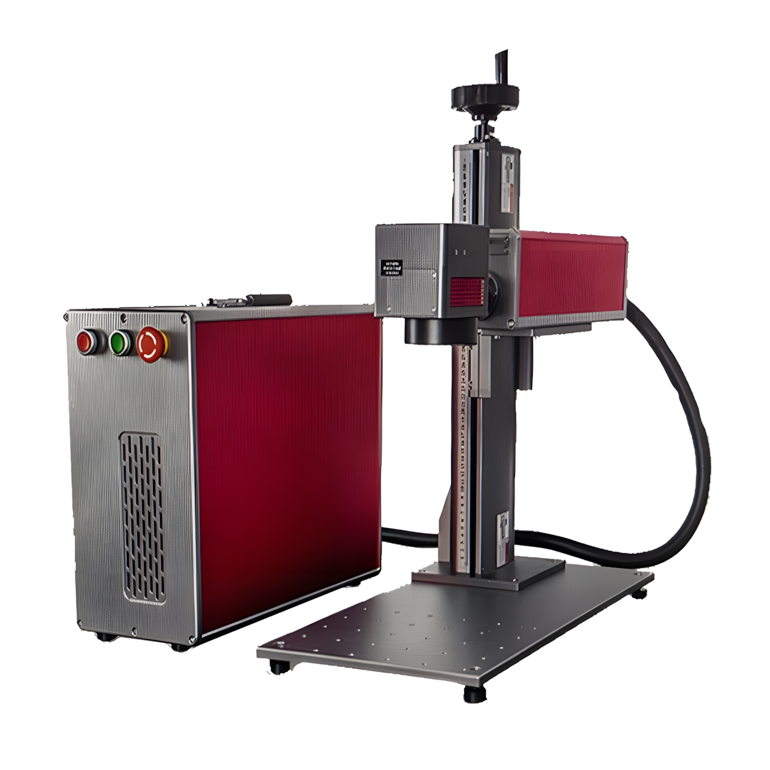 Machine de gravure laser sur metal avec colonne verticale et unité de contrôle rouge.