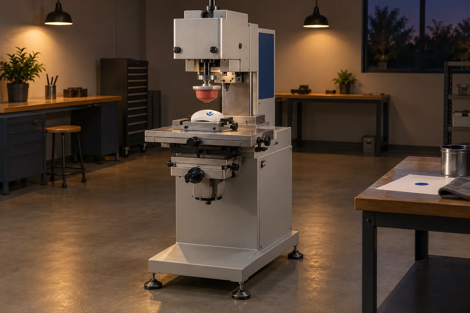 Machine de tampographie industrielle en laboratoire sur socle, avec plateau et bras vertical dans un atelier éclairé.