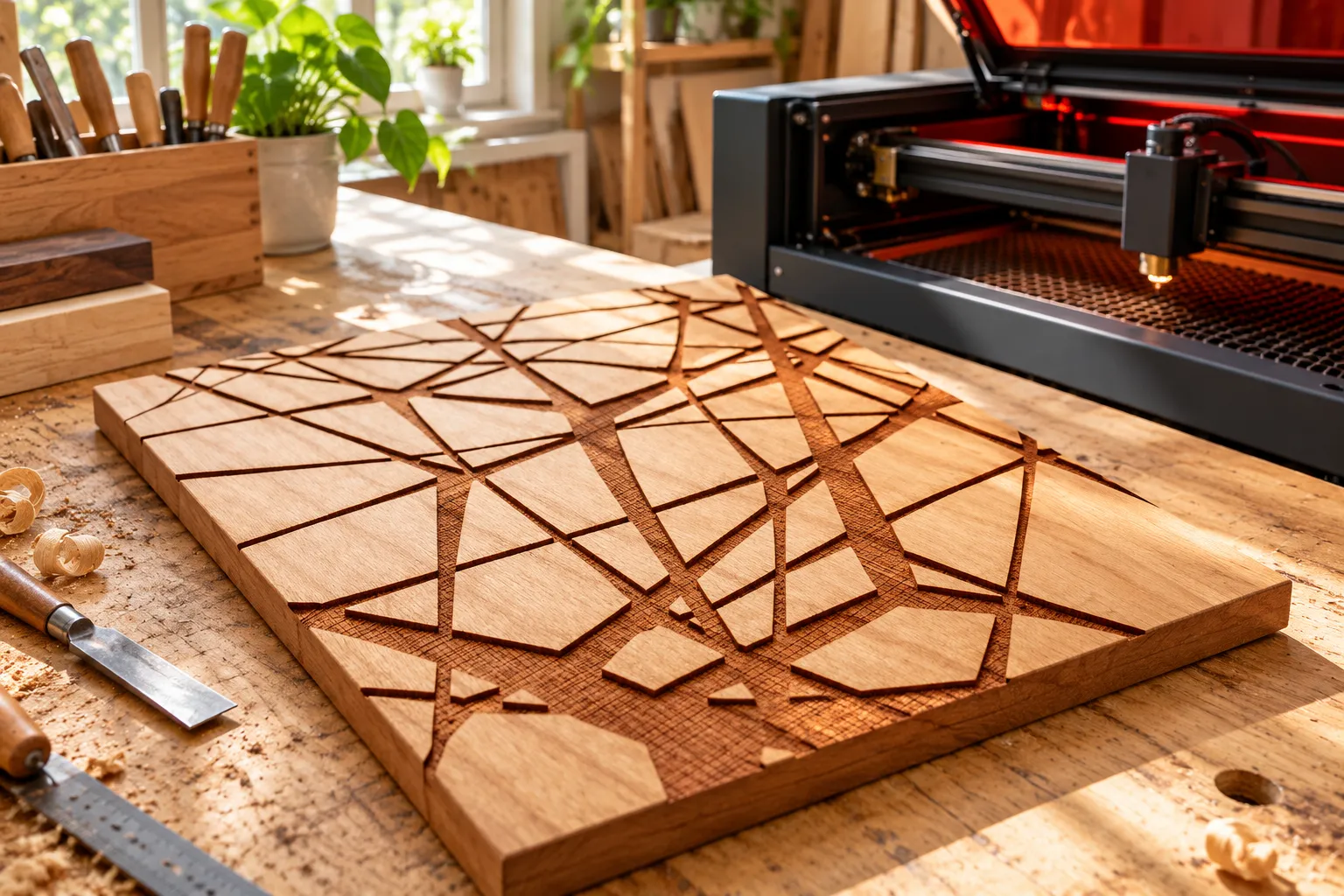 Planche en bois gravée avec des motifs géométriques sur une table de travail, près d’une machine de découpe laser en noir et