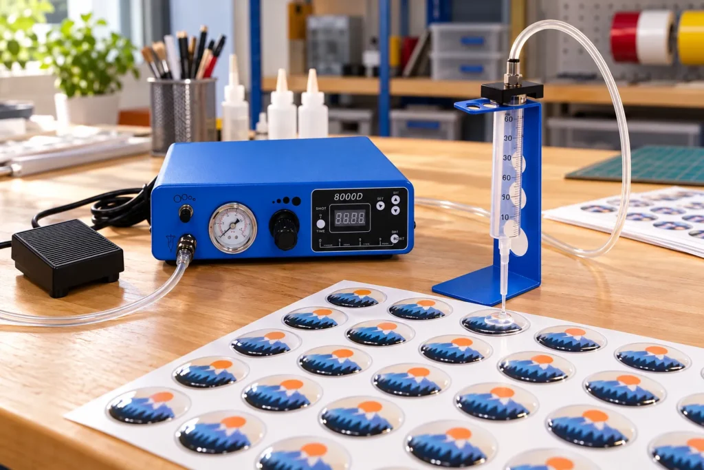 Une planche d’autocollants en relief se trouve devant une machine bleue reliée à une seringue.