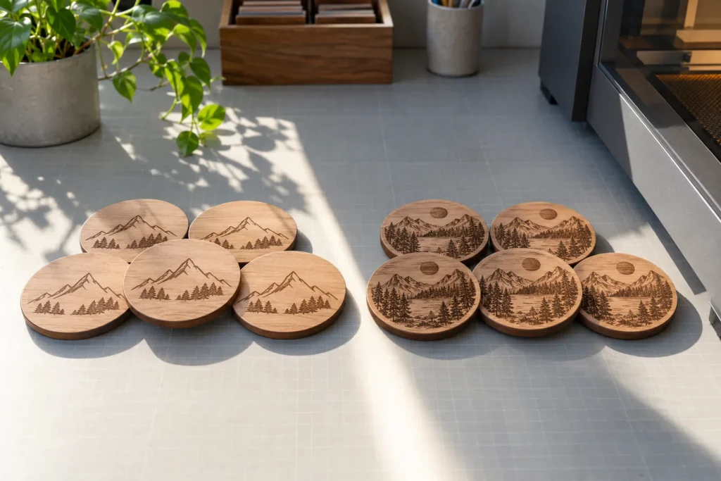 Plusieurs plateaux en bois gravés avec des motifs de montagnes et de forêt disposés sur une surface lumineuse.