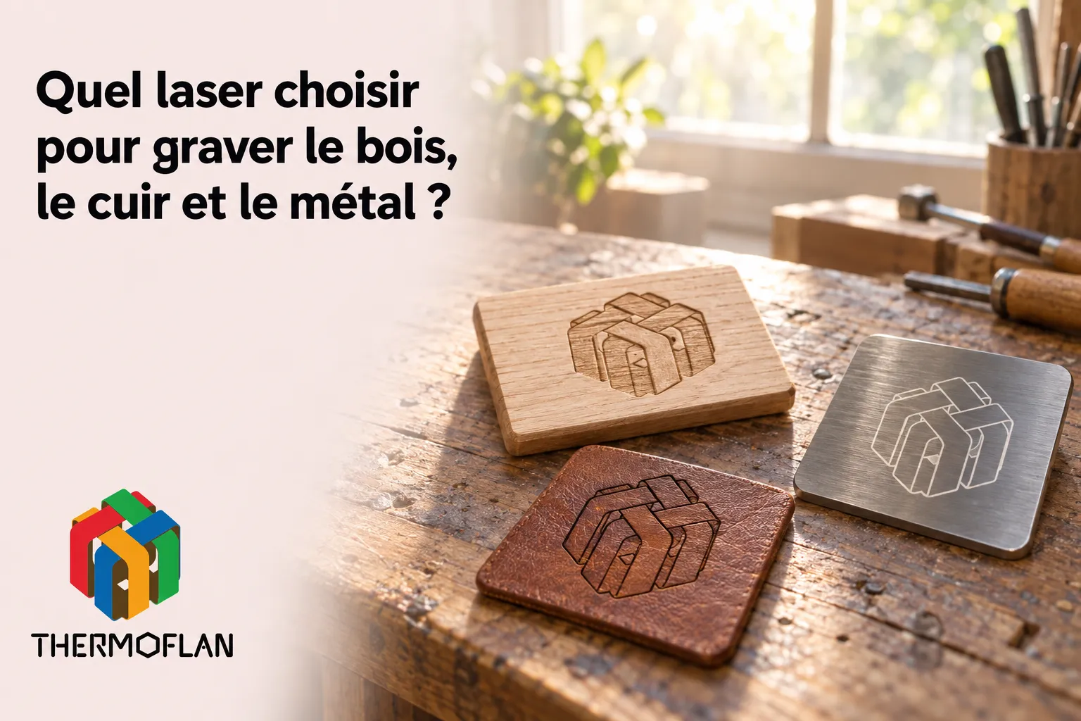 Trois plaques gravées en bois et en métal posées sur une table avec des outils en arrière-plan.